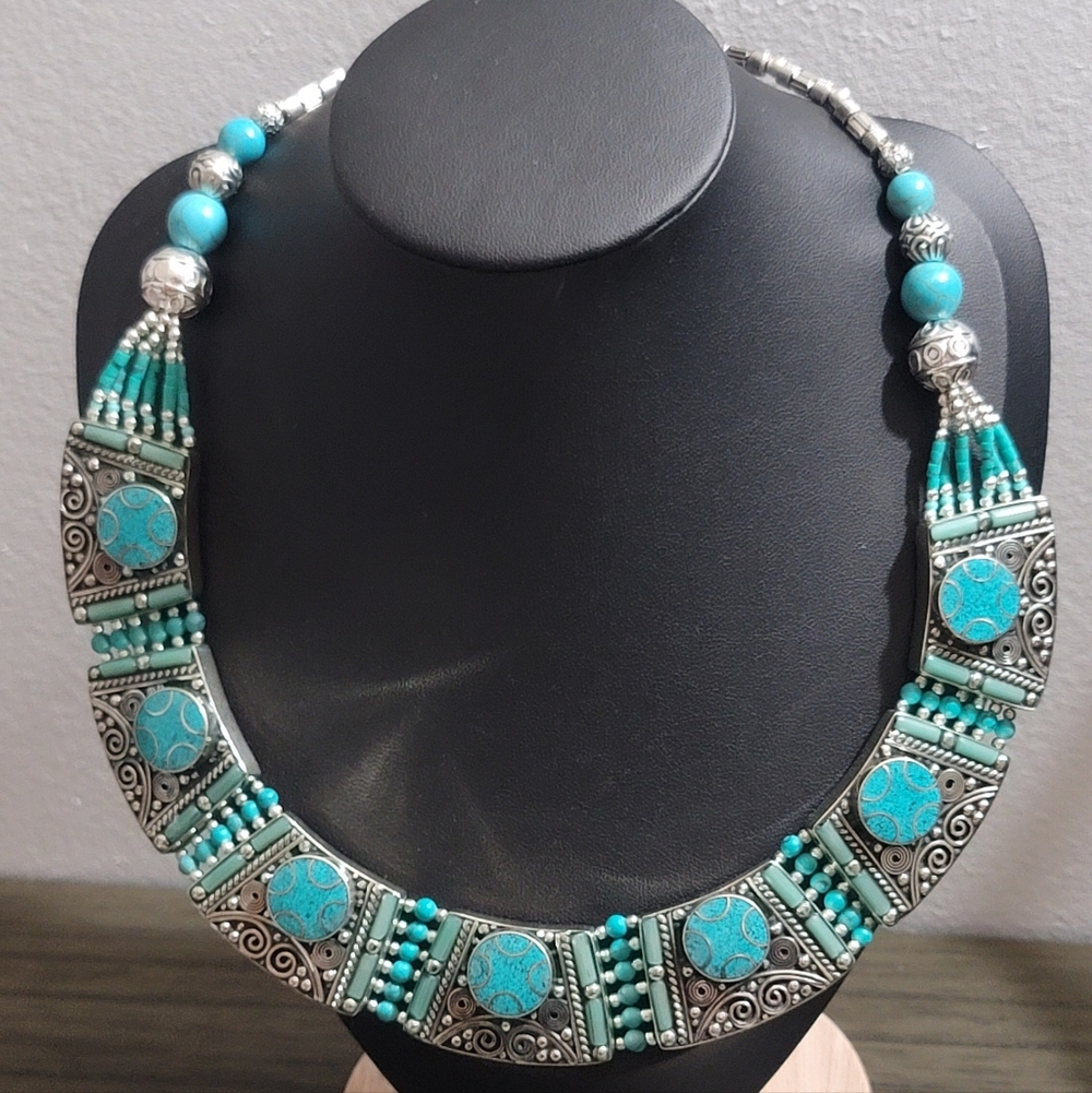 Radiant Tibetan Turquoise & Silver Statement Necklace
